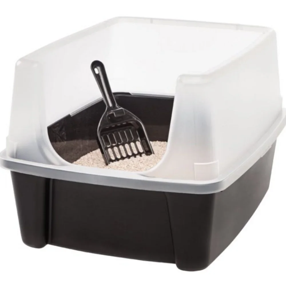 Open-Top Cat Litter Box with Shield and Scoop, Black